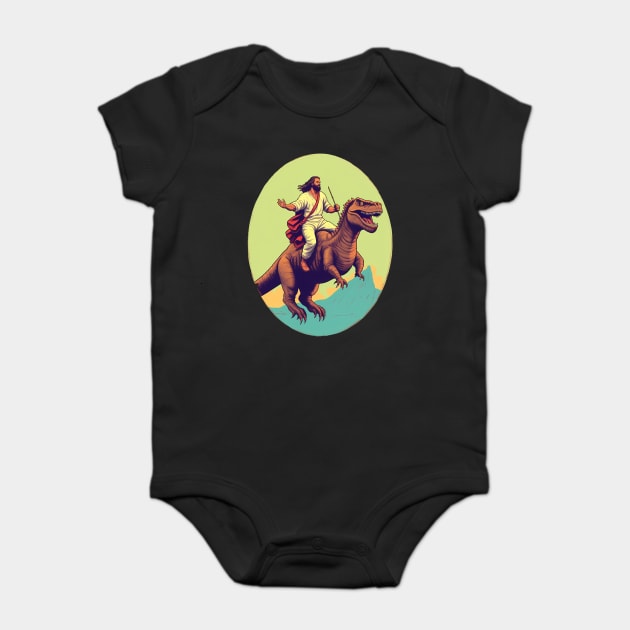 Jesus riding t rex, Funny Christian Design Baby Bodysuit by logiamerch